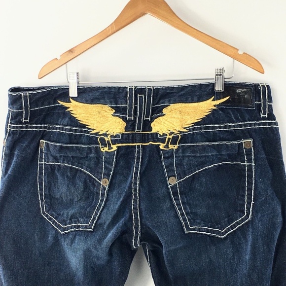 Robins Jeans Mens Blue Classic Embroidered Gold Wings Heavy Stitching 44 x 35 - Picture 8 of 14